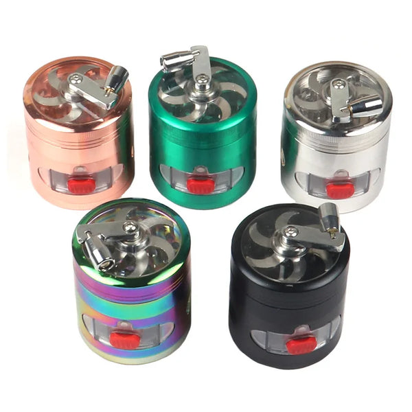 The Crank herb grinder in all five finishes: rose gold, green, silver, rainbow and black