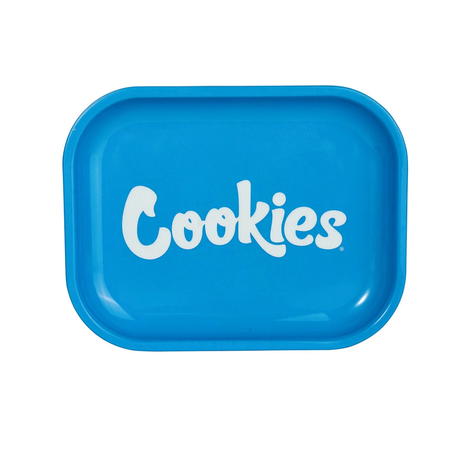 Blue tray with 'Cookies' logo on a white background