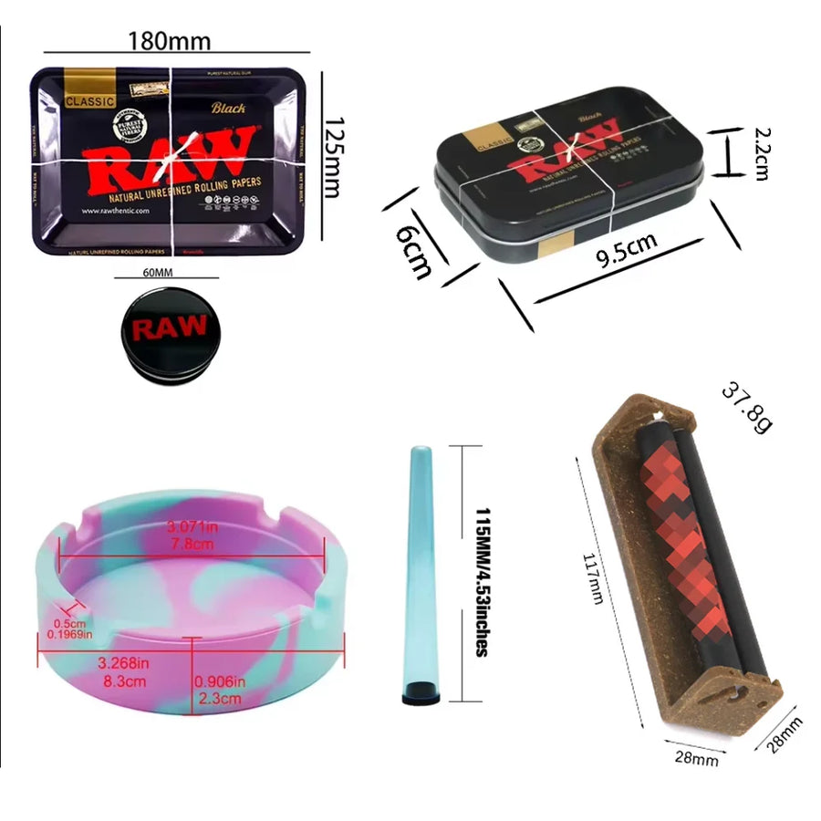 RAW rolling paper packaging with dimensions displayed