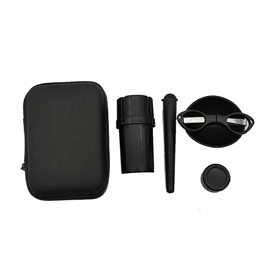 A black multi-piece eyewear accessory kit laid out on a white background, including a zippered case, a cylindrical tube, a pen-like tool, a small round cap, and a pair of black glasses with silver metal arms.
