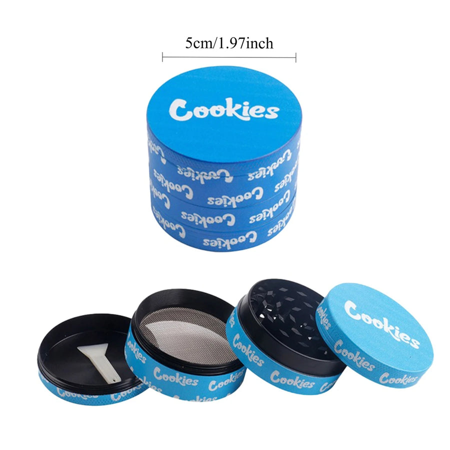 Blue 'Cookies' branded herb grinder with open lid on a white background