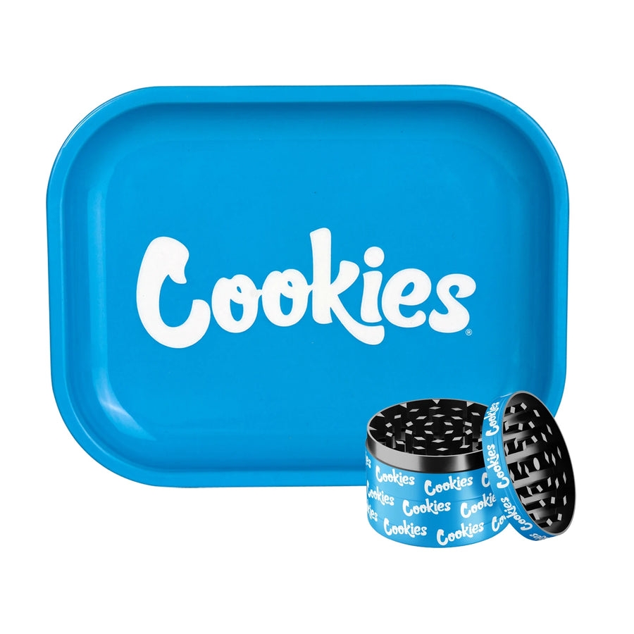Blue 'Cookies' branded tray with a small metal grinder on a white background