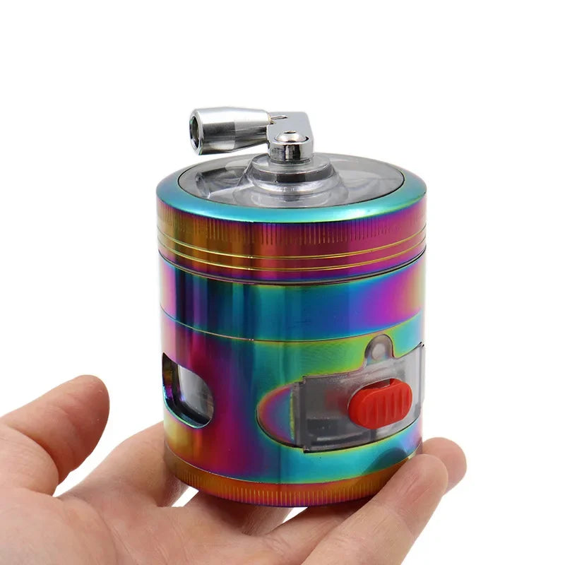 Rainbow Crank grinder held in a hand, showing its 63mm size