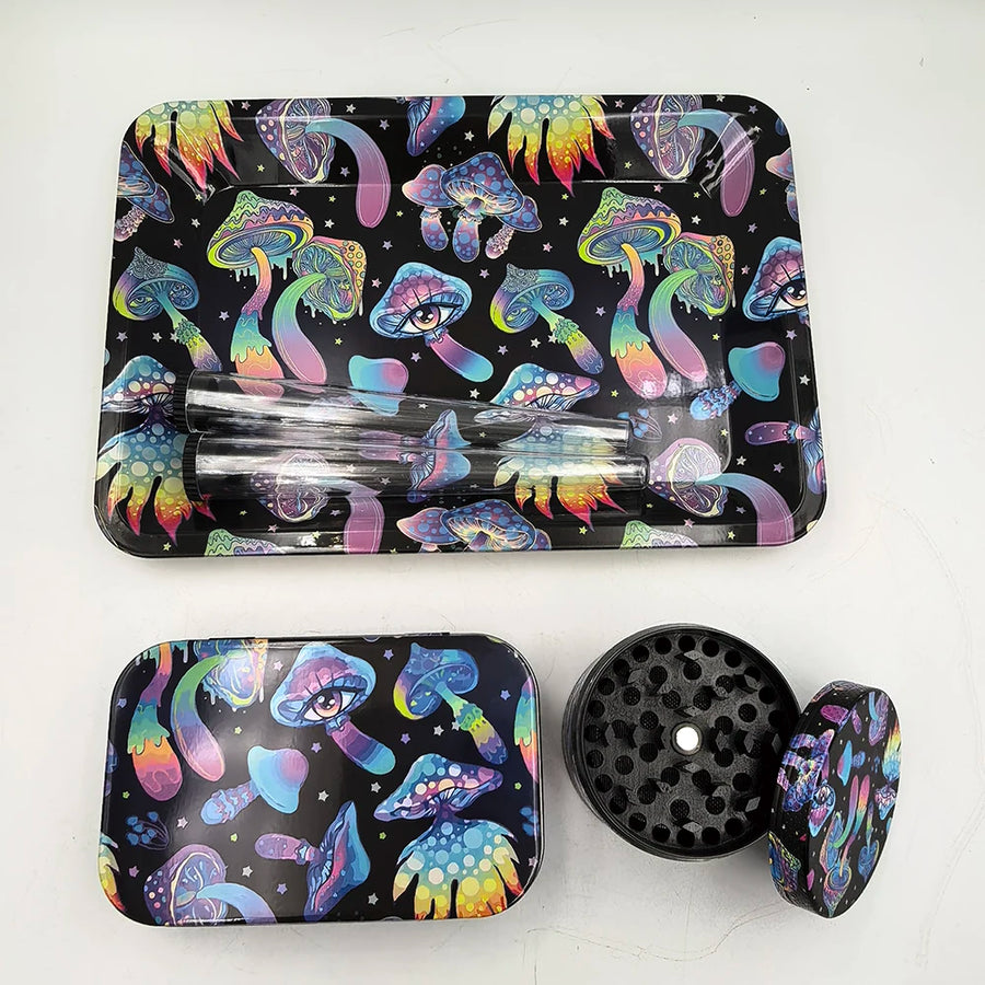 Colorful mushroom-patterned smoking accessory set on a white background