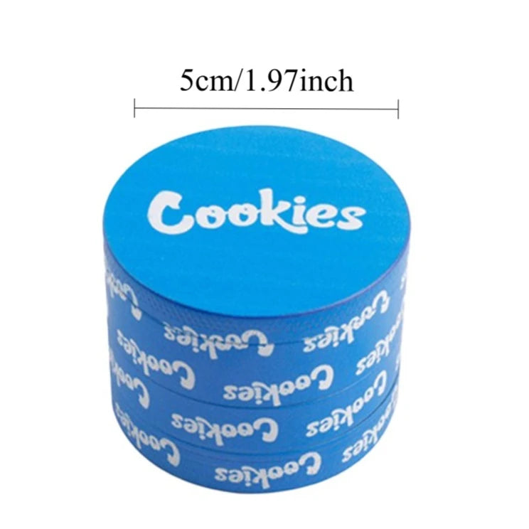 Blue 'Cookies' branded grinder with measurements on a white background
