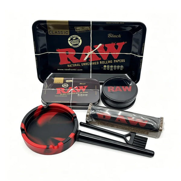 RAW rolling paper set with accessories on a white background