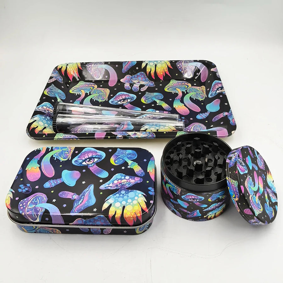 Colorful mushroom-patterned grinder and case set on a white background