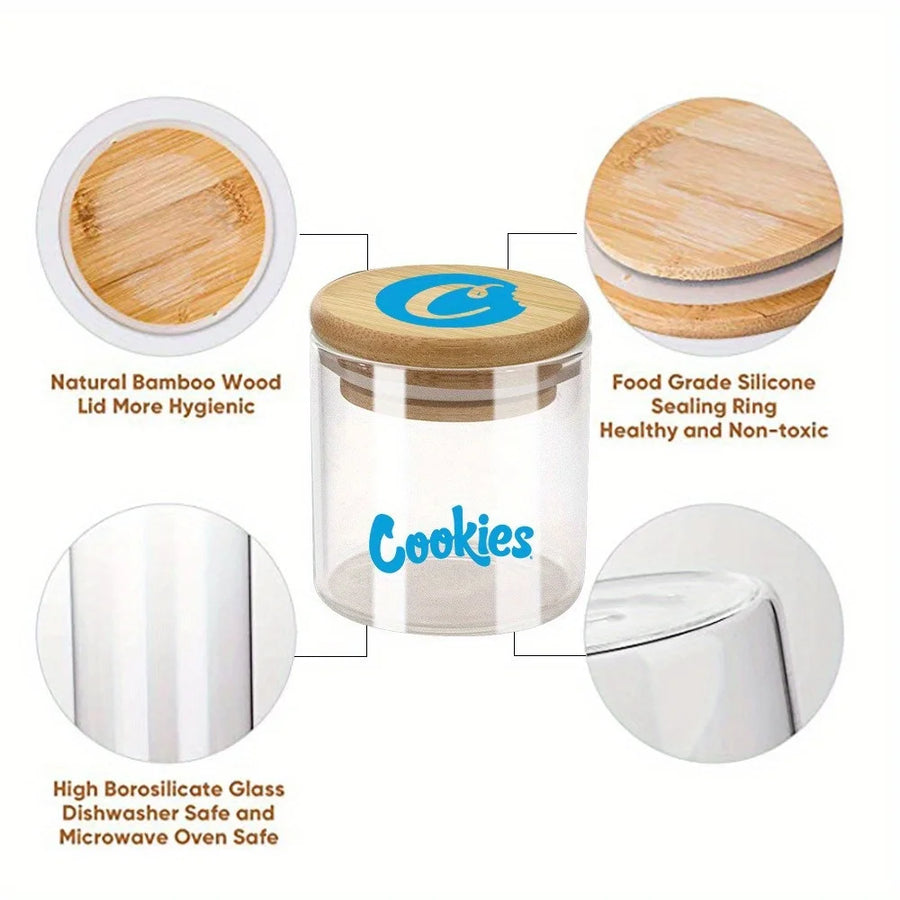 Glass jar with bamboo lid, highlighting features like natural wood, food-grade silicone, and borosilicate glass.