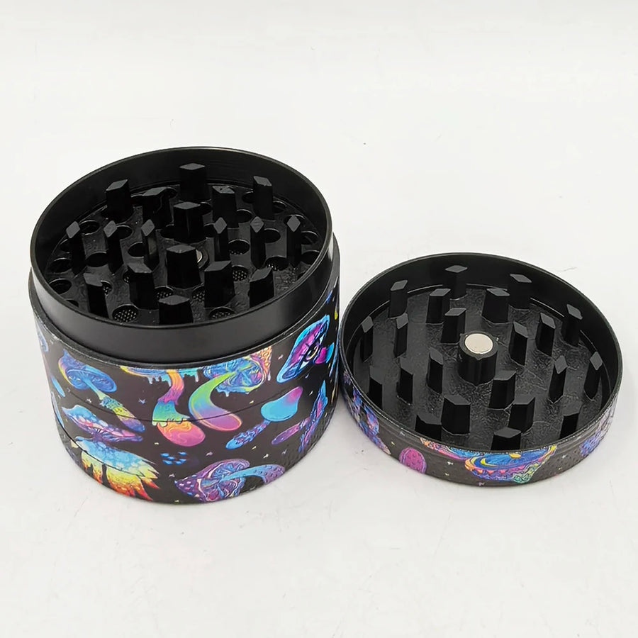 Black metal grinder with colorful snake design on a white background