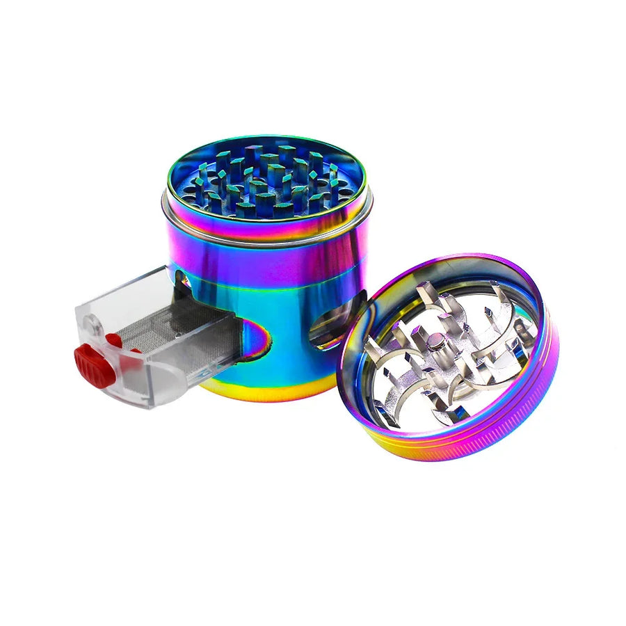 Rainbow Crank grinder open, showing the diamond teeth, mesh drawer and blade plate
6.  Rose gold Crank grinder with the crank lid lifted off and the drawer open