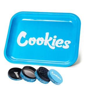 Blue 'Cookies' rolling tray with accessories on a white background