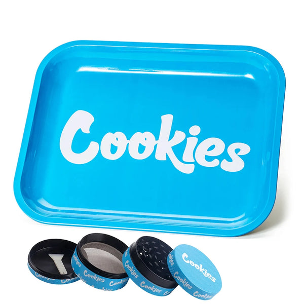 Blue 'Cookies' rolling tray with accessories on a white background