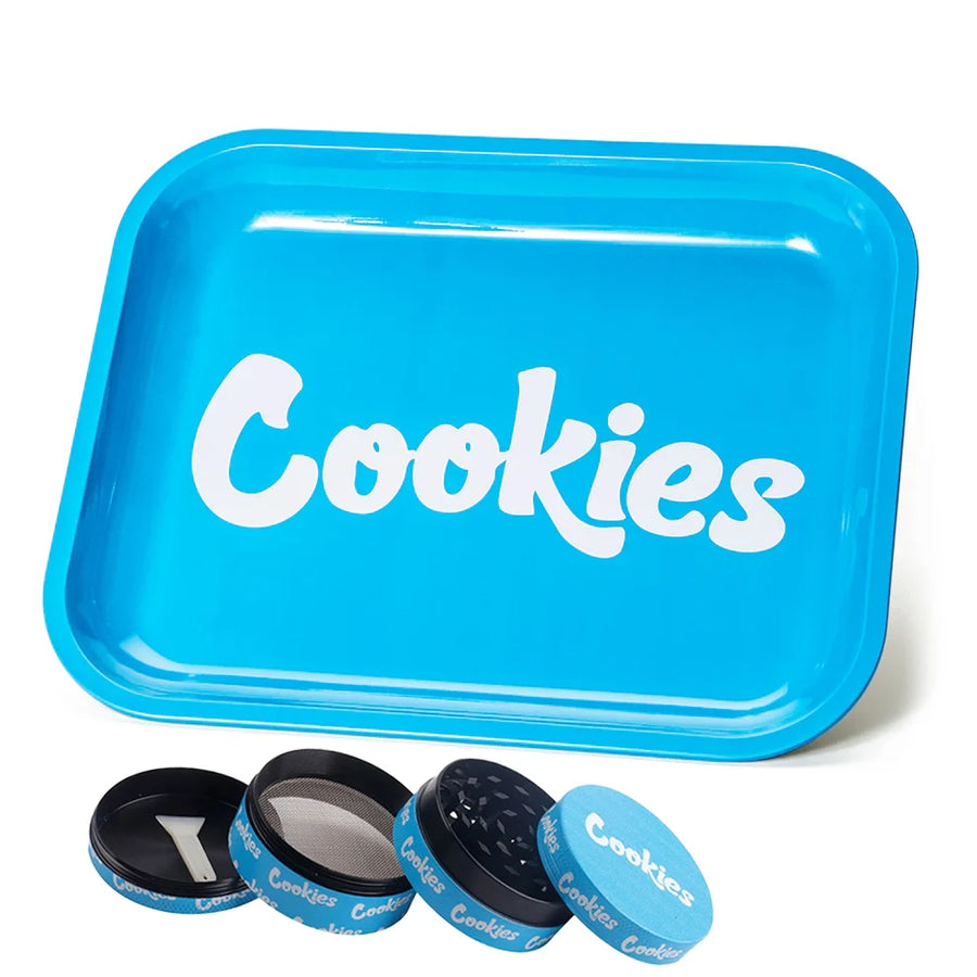 Blue 'Cookies' rolling tray with accessories on a white background