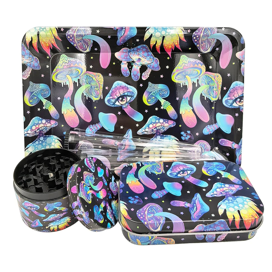 Set of smoking accessories with colorful mushroom design on a black background