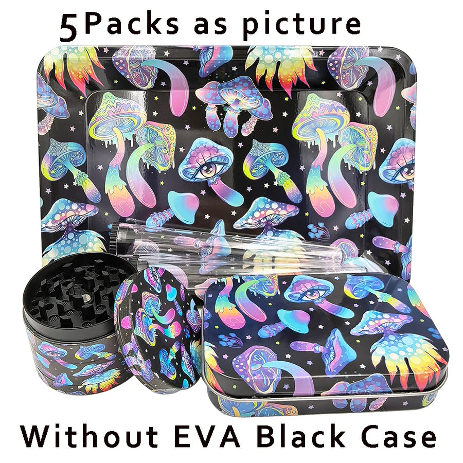 Set of smoking accessories with colorful mushroom design on a black background