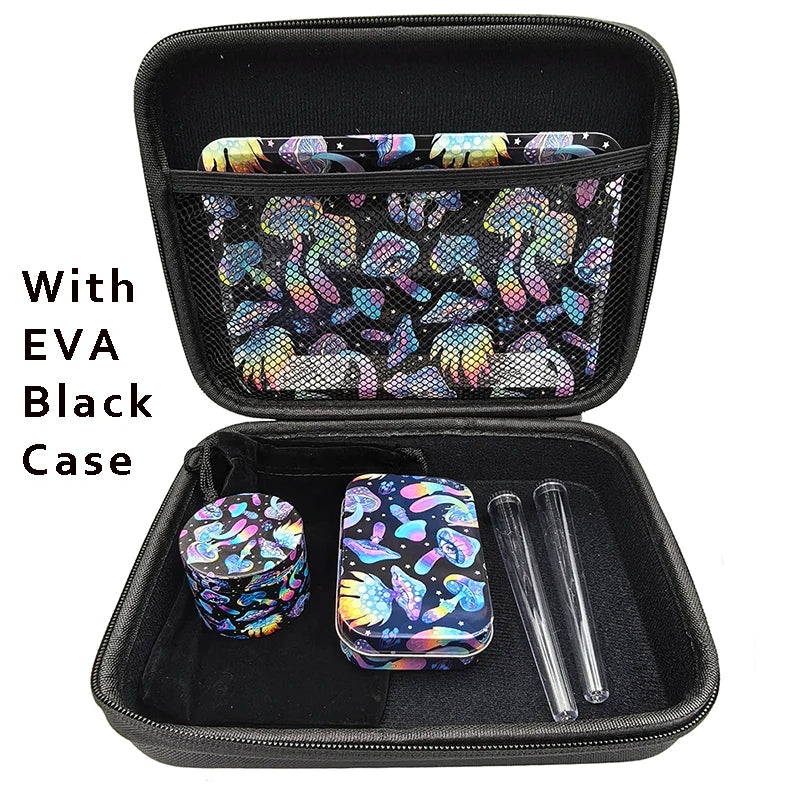 Colorful dice set with EVA black case on a white background