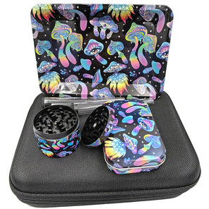 Colorful mushroom-patterned grinder and case set on a white background