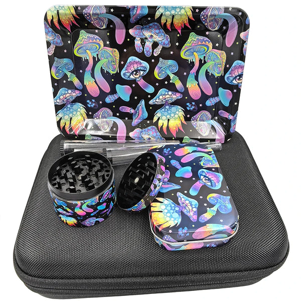 Colorful mushroom-patterned grinder and case set on a white background