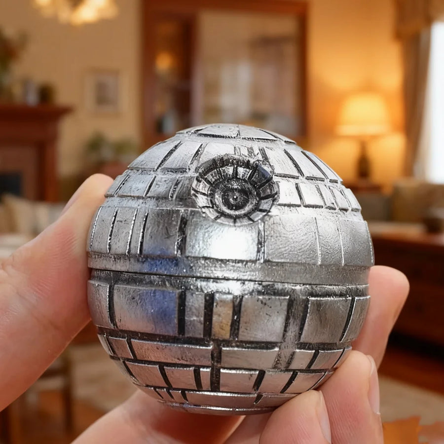 A silver metallic Death Star replica held in a person's hand, with a blurred living room background.